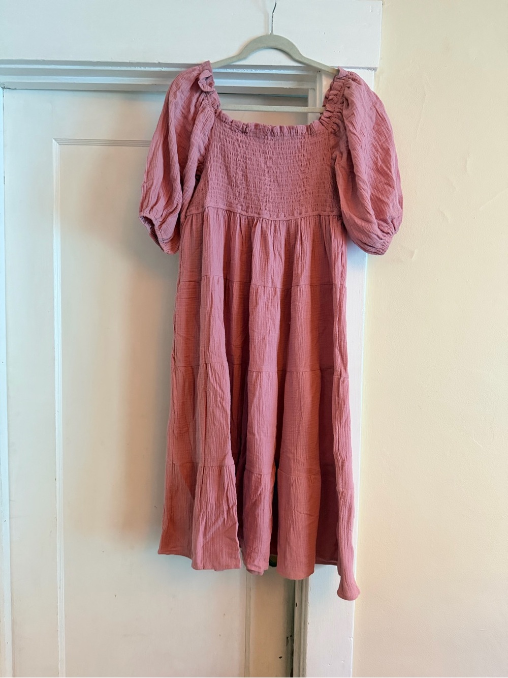 Women's Dusty Pink Puff Sleeve Tiered Casual Dress